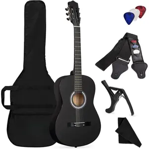 38 Inch Full Size Acoustic Guitar for Beginners & Adults - Effortless to Play with Soft Nylon Strings,   Construction. -Inclusive Starter Kit with Gig Bag, Capo, Picks & Cloth (Black)
