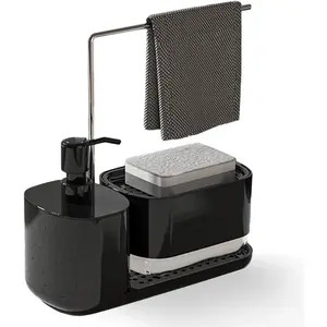 Kitchen Soap Dispenser Set with Tray and Sponge Holder, Dish and Hand Soap Dispenser with Dishcloth Holder 4-in-1 Kitchen Sink Countertop Storage Organizer, Useful Kitchen Gadgets -Black