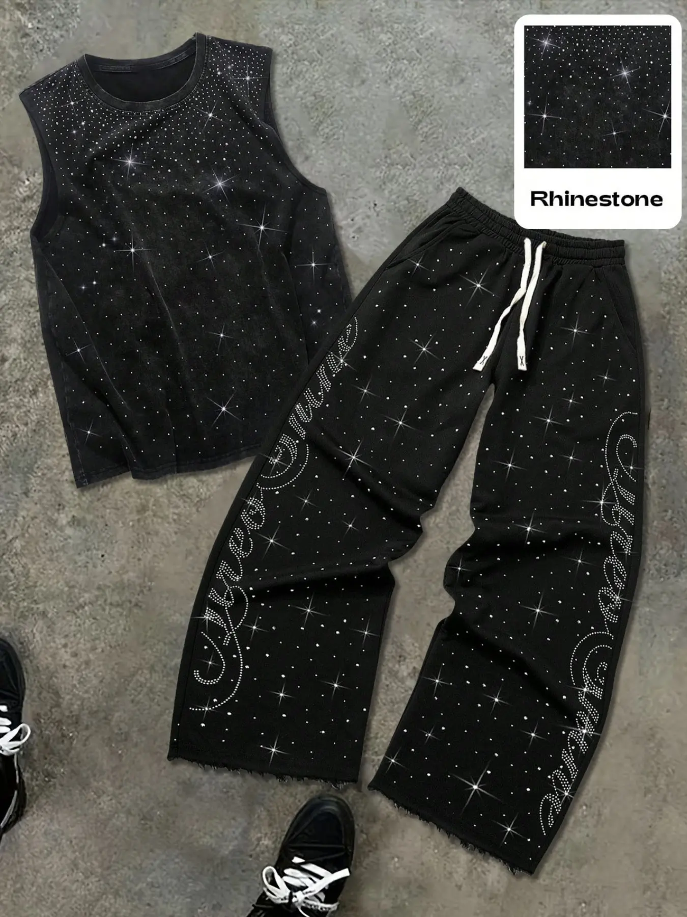 Men's Washed Black Rhinestone Two Piece Set, Summer Outfit Set, Casual, Y2K Bling Streetwear Sleeveless Tank & Wide Leg Pants Outfit
