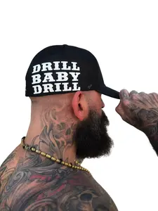 TheDriveClothing DRILL BABY DRILL SIDE STYLE FLEXFIT HAT Black Side Style Fitted Cap, Heather Jersey Front with Soft Mesh Back, Streetwear Hat for Everyday Wear, Breathable Unisex Comfort Fit