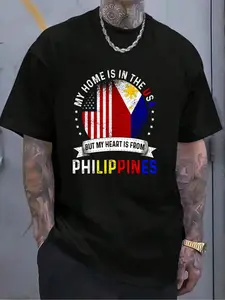 100% Cotton American Filipino Patriot Heart Is From Philippines Flag T-Shirt Women's Men's Graphic Tee Crew Neck summer vacation Tops