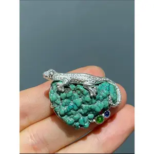 S925 Silver Natural Turquoise Sri Lankan Sapphire Lizard Brooch, Pendant.a one-of-a-kind piece in the world