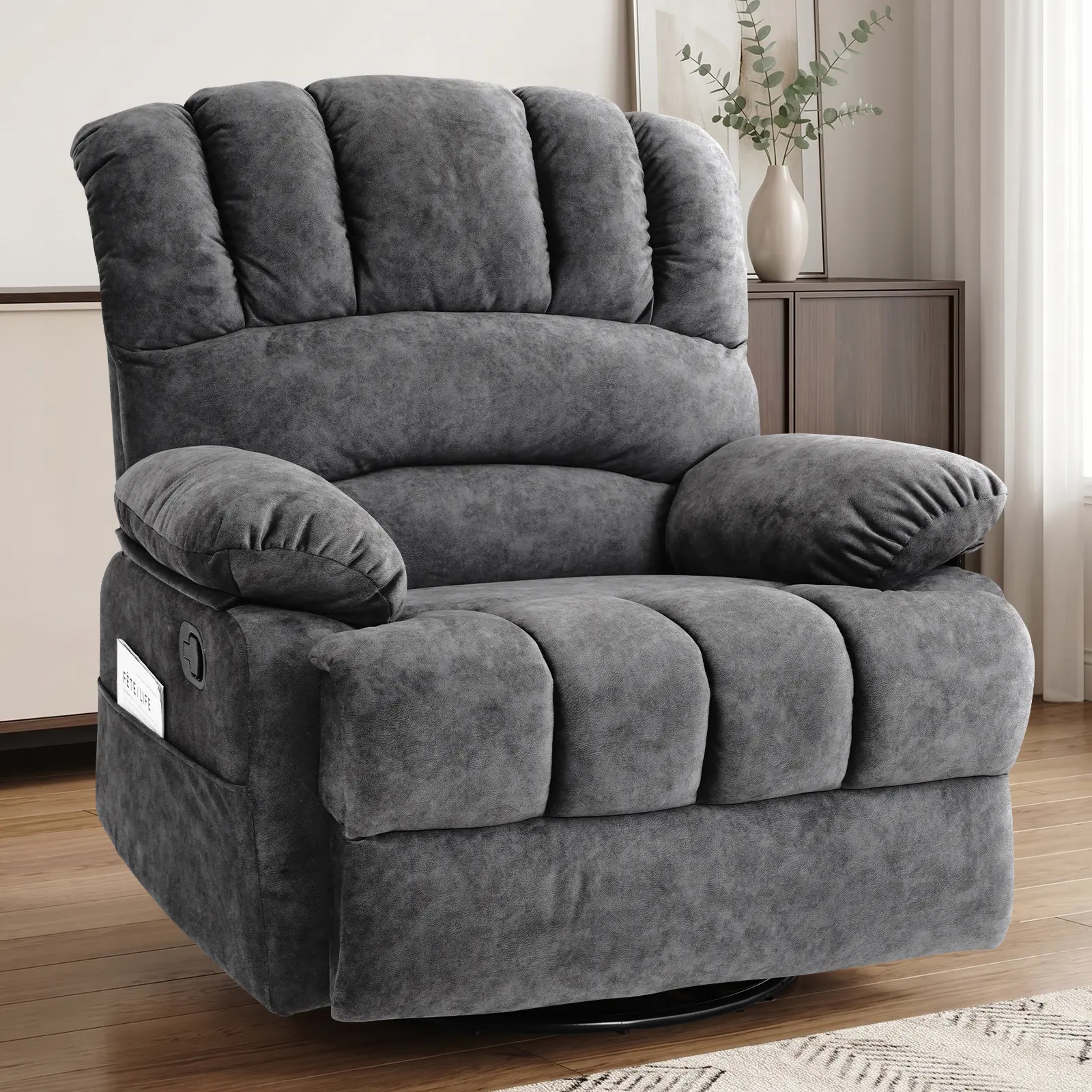【Wichvens】Oversized Manual Swivel Rocker Recliner Chair, Extra Wide Glider Rocker Recliner for Big and Tall, Overstuffed Lazy Recliner Chair with High Back, Single Sofa Chair for Living Room(Dark Gray/Beige)