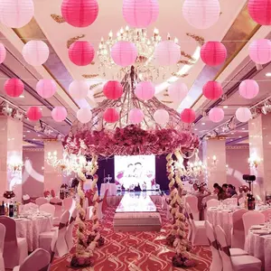 24pcs Pieces of Pink Party Hanging Decorative Paper Lanterns Romantic Decoration Rose Red and Pink Round Chinese Paper Lanterns Wedding Birthday Party Valentine's Day Engagement Baby Shower Decoration