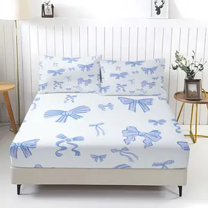 3pcs Coquette Blue Bow Fitted Sheet Set, Cute Ribbon Bed Sheet Set, Soft Microfiber Bedding Set (No Fillers), Aesthetic Sweet Mattress Cover for Teens & Girls Bedroom