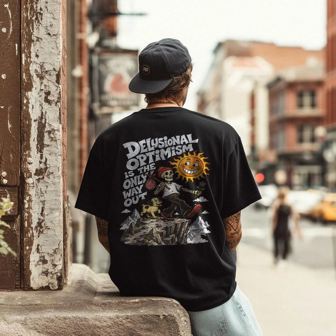 Funny Skeleton Quote Shirt Delusional Optimism Graphic Tee Oversized Vintage Washed T-Shirt Unisex