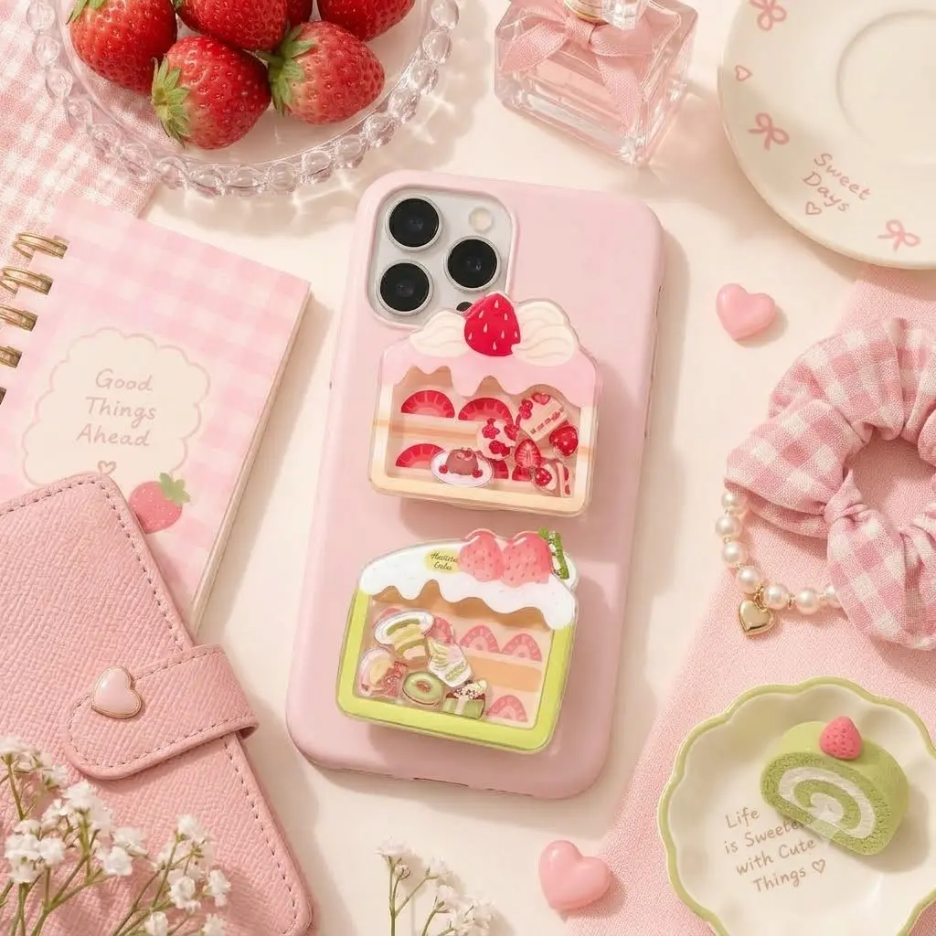 Coquette Aesthetic Strawberry Shortcake Liquid Shaker Phone Grip Kawaii Pink Bakery Cake Acrylic Holder E-reader Stand Smartphone Accessory Sharp Print
