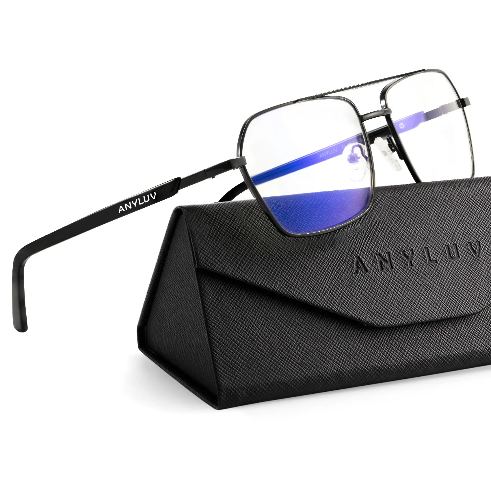 ANYLUV High Quality Lightweight Reading Eyewear, Pilot-Style Metal-Textured Frames with Anti-Blue Light HD Lenses, Multiple Prescriptions, Pads & Storage (AN4528-L), High Quality Eyewear, Unisex, Rubber, Spring Hinge, Lightweight For All-Day Wear, Metal T