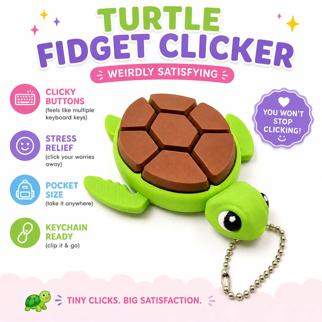 Turtle Fidget Clicker Keychain – 7 Button Keyboard Click Toy | Cute ASMR Desk Toy
