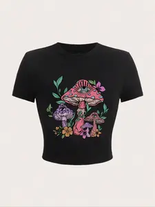 Women's Mushroom Floral Print Round Neck Crop Top, Casual Short Sleeve T-shirt for Daily Wear, Ladies Clothes for All Seasons, Womenswear