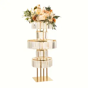 Wedding Metal Vase Center Piece Crystal Flower Stand with Hanging Crystal 5 Layer Round Chandelier Base for Wedding Road Guide T Stage Flower Arrangement Decoration Christmas Halloween