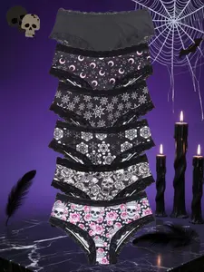 Morvia 6pcs Sexy Cute Gothic Halloween Contrast Lace Hipster Panties, Allover Print Comfy Intimates Briefs Panties, Women's Underwear & Lingerie, Womenswear