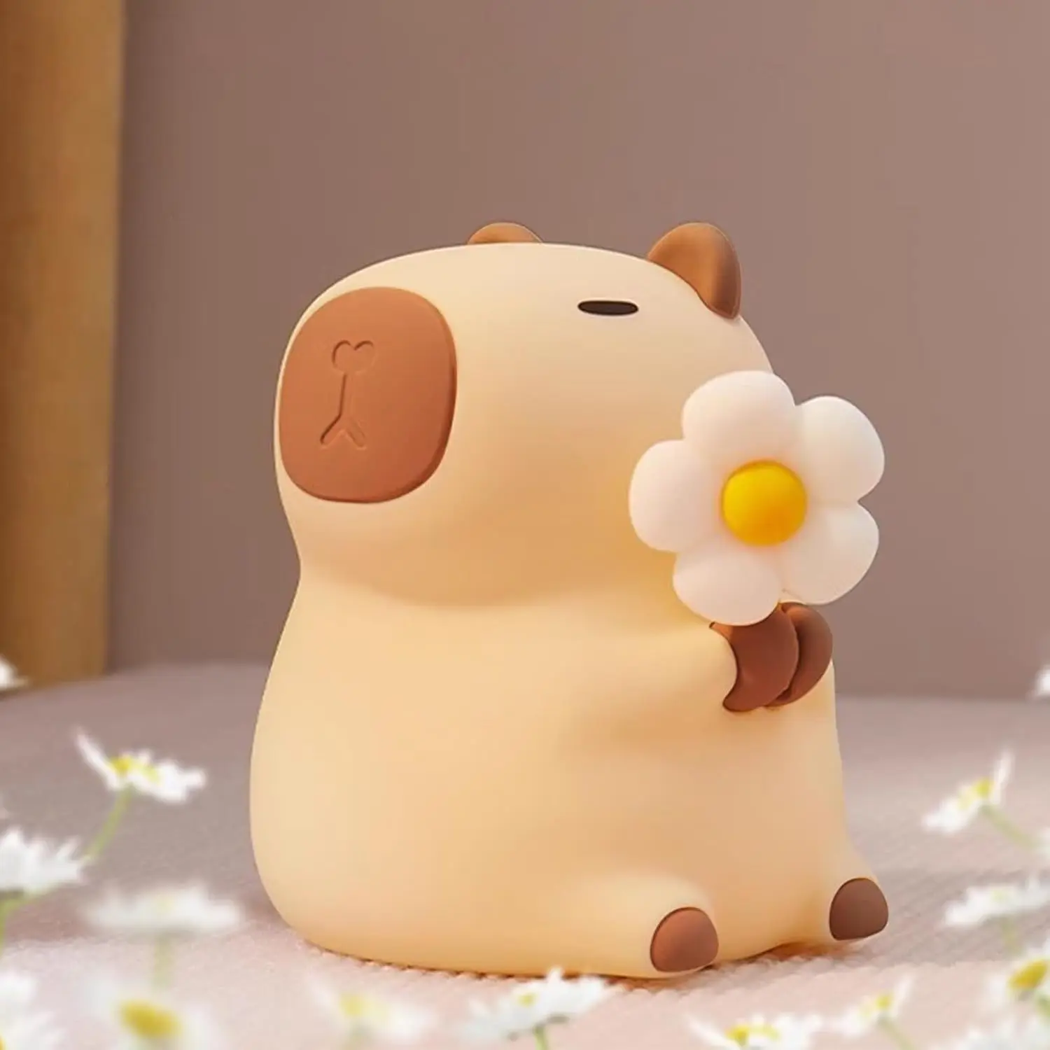 Chunting Capybara Kids' Nursery Decor Night Light - 7 Shades RGB LED, 3-Level Dimmable Warm Light, Tap Control, 30Min Timer, 100% Safe Soft Silicone, Detachable Flower, Bedtime Child-Friendly Indoor Lamp, Kids' Gift
