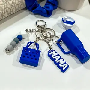ShrinkThings Mama Keychain Set with Chapstick Holder Tumbler, 3D Printed Tote Bag Charm & Silicone Beads. Fun Design for Moms.