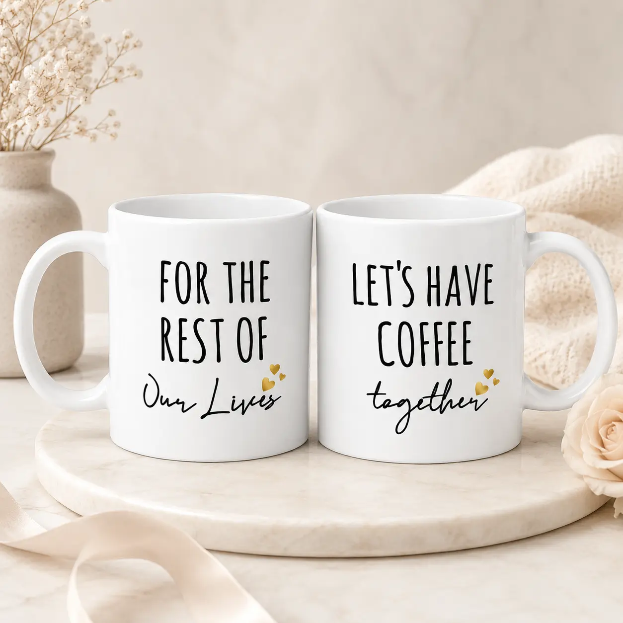 Matching Couple Mug Set, 11oz ,15oz Ceramic Wedding Gift for Bride and Groom, “For the Rest of Our Lives / Let’s Have Coffee Together” Engagement and Anniversary Gift