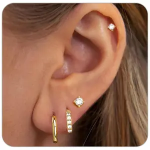 4 Pairs Gold Studs Earrings for Women, 14K Gold Plated Huggie Hoop Stack Earrings Set for Multiple Piercing, Hypoallergenic Cartilage Jewelry with Cubic Zirconia for Sensitive Ears (Gift Ready)