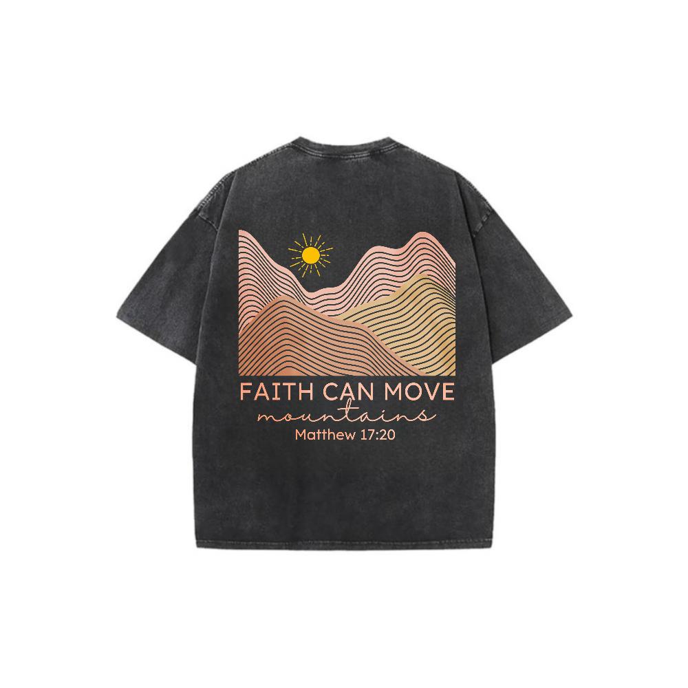 Faith Can Move Mountains Vintage Washed T-Shirt Double Sided Sun Mountain Matthew 17:20 Christian Tee
