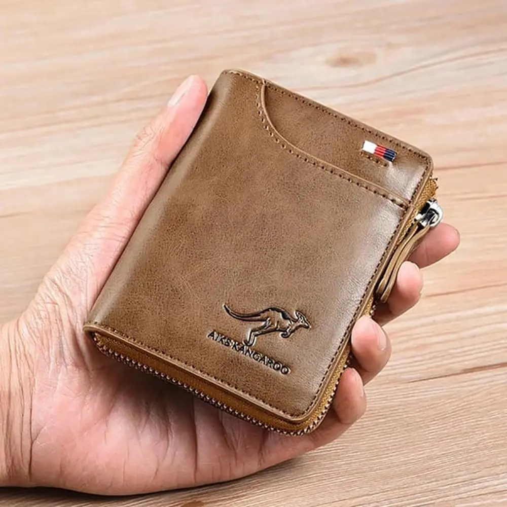 JUSIEX Men's Retro PU Leather Zipper Wallet, Large Capacity RFID Blocking Card Holder with 2 ID Windows, Gift for Men, Rfid Blocking Wallets, Zipper Wallet Design