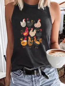 Women's Chicken Print Round Neck Tank Top, Casual Fashion Sleeveless, Casual Fitted Sleeveless Top for Summer, Ladies Clothes for Daily Wear, Socks