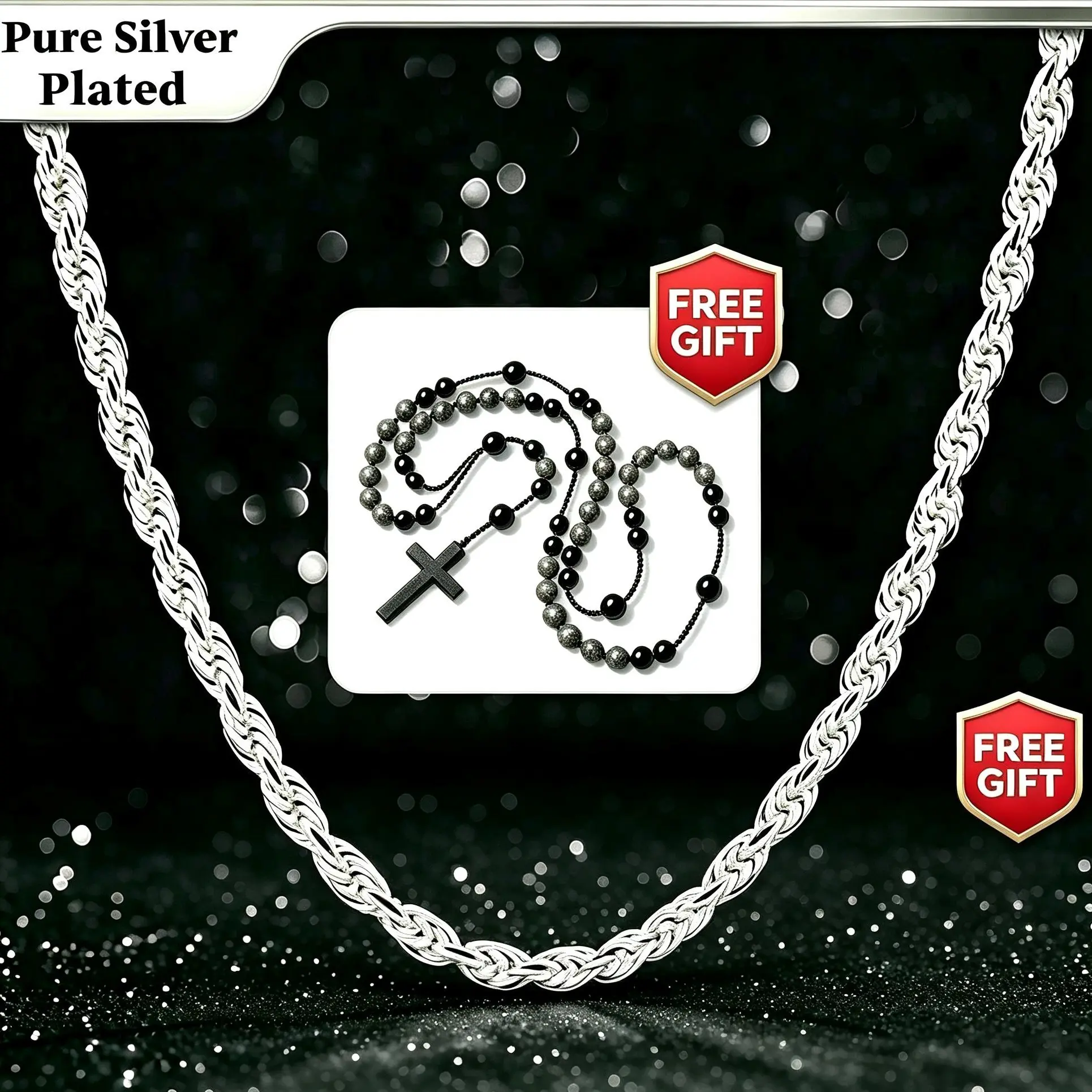 Men’s silver necklace with a pure silver cord chain, 10x thicker silver plating, nano anti-tarnishing layer, low-allergenicity flexible soft link jewelry, free gift: men’s cross necklace figaro