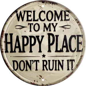 CSWLJS Art Deco Metal Round Tin Welcome Sign, 8x8 in Happy Place Plaque for Home Decor, Front Door Display