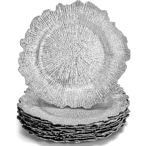 12 Pack Charger Plates, Elegant Plastic Plates, 12.99inch/33cm Round Plastic Reef Plate Chargers with Flora Reef Design for Wedding Dinner Party Decoration (Silver)