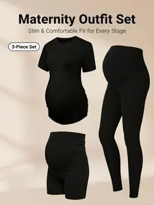 3-Piece Maternity Outfit Set for Women, 2-in-1 Maternity Shorts & Leggings Set, Slim & Comfortable Pregnancy Clothes for All Stages