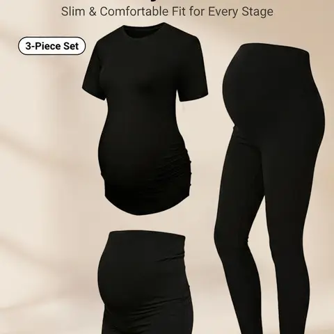 Women's Maternity 3-Piece Casual Sports Clothing Set - High Waisted Shorts, 2-in-1 Leggings, Short Sleeve Ruched Top, Maternity Wear with Stretch Fabric, Daily Active for Errands to Yoga, Lightweight for Travel Days
