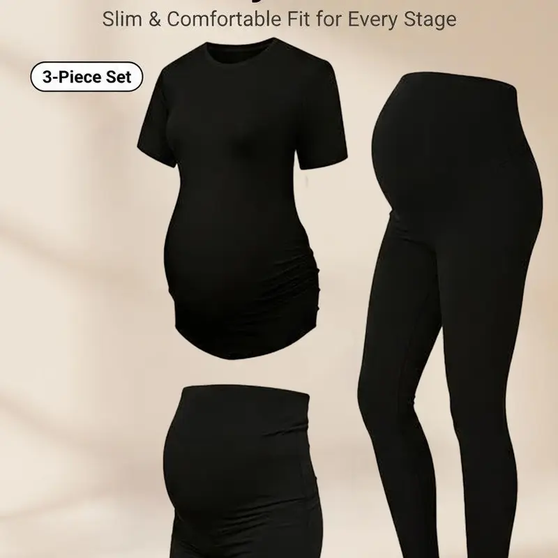 Women's Maternity 3-Piece Casual Sports Clothing Set - High Waisted Shorts, 2-in-1 Leggings, Short Sleeve Ruched Top, Maternity Wear with Stretch Fabric, Daily Active for Errands to Yoga, Lightweight for Travel Days