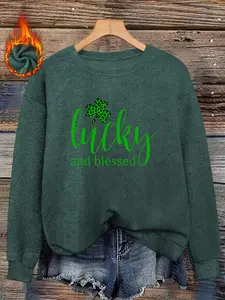 Women's Saint Patrick's Day Fitted Graphic Sweater, Lucky & Blessed Clover Print, Casual Fall Winter Top, Soft Knit Design