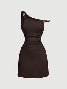 Summer Women's Plain Asymmetrical One-Shoulder Dress, Slim Fit with Elegant Decorative Buckle, Perfect for Vacation Beach Office Daily Wear