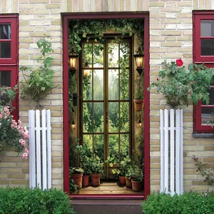 2pcs Vintage European Style Decorative Door Wall Sticker with Vine-covered Window Frames Hanging Retro Lanterns and Potted Plants Natural Fresh Courtyard Landscape Effect Eco-friendly Waterproof Material