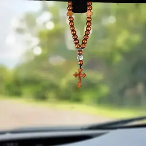 Wooden Bead Cross Car Mirror Pendant, Rearview Mirror Accessory, Prayer Bracelet, Decorative Item, Perfect Gift Choice