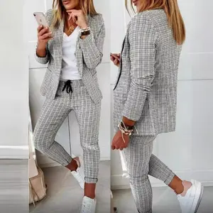 Women's Chic Plaid Print Two-Piece Outfit - Long Sleeve Fitted Blazer & High Waisted Pants Set for Everyday Wear White Polyester Material Casual Suits