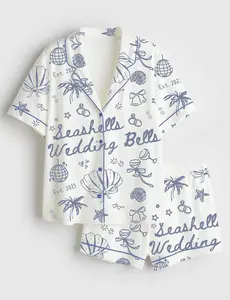 2026 Seashells And Wedding Bells Bachelorette Beach Pajama Set for Her - 100% Polyester Satin, Short-Sleeve with Chest Pocket, Adjustable Drawstring, Black & White Contrast