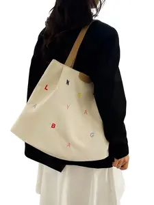 Colorful Letter Embroidered Canvas Tote Bag, Women's Large Capacity Casual Shoulder Bag, Perfect for Work, Travel, Shopping