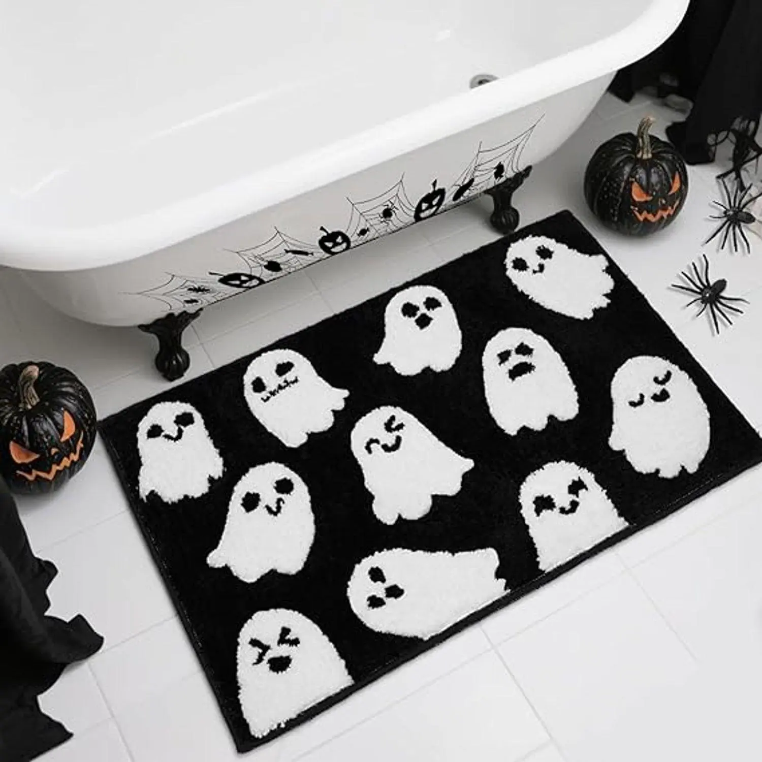 Black Gothic Flannel Plush Non-Slip Washable Ghost Print Bath Mat, Classic Bathroom Rug for Halloween Decor & Bathroom Entry, Mats, Indoor/Outdoor