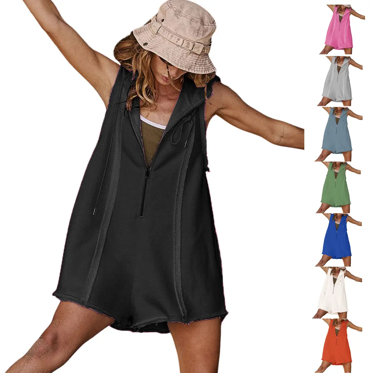 Yeokou Short Half Zipper Sports jumpsuit for Fitness Outdoor Leisure Sleeveless Loose Hoodie for Women