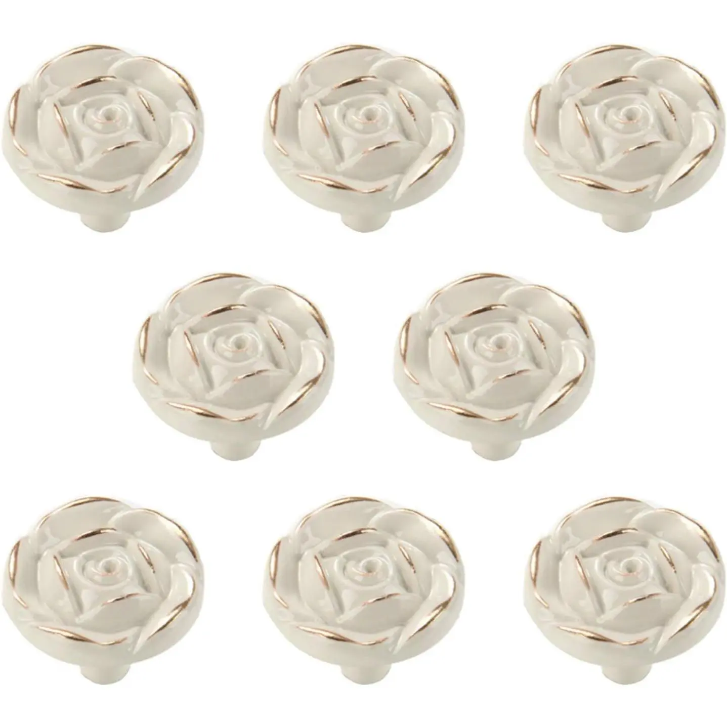 Antique Rose Flower Cabinet Knobs,  Kitchen Shabby Chic Zinc Alloy White Drawer Pull Handles for Dresser Vanity Nightstand Cupboard Wardrobe, 8 Pack (Golden Line)