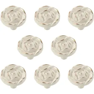 Antique Rose Flower Cabinet Knobs,  Kitchen Shabby Chic Zinc Alloy White Drawer Pull Handles for Dresser Vanity Nightstand Cupboard Wardrobe, 8 Pack (Golden Line)