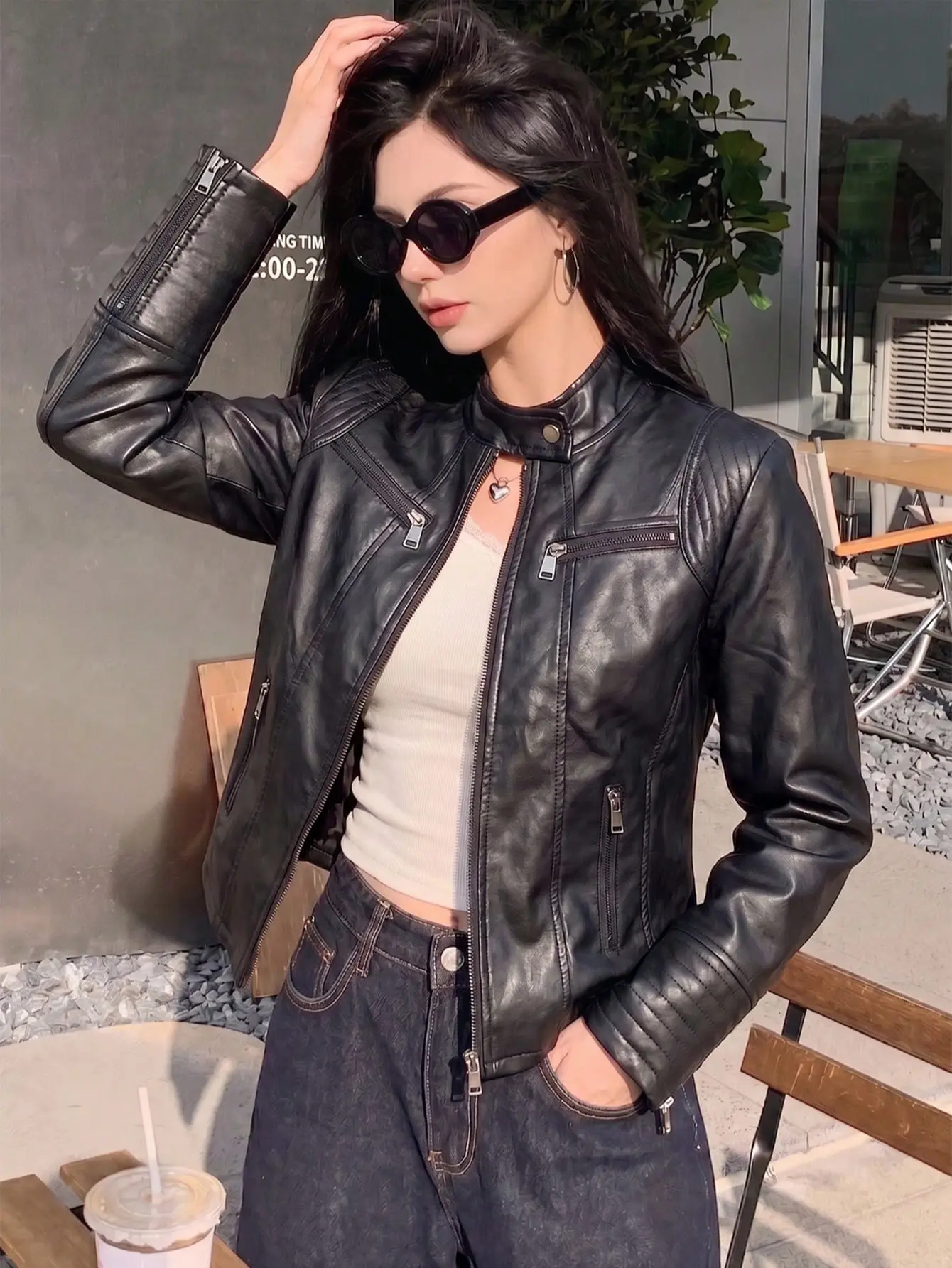 Women’s PU faux leather motorcycle jacket, slim fit, stand collar, multiple zippered pockets, windproof and waterproof, long sleeves, bicycle outerwear, fashionable street style casual wear for spring and autumn