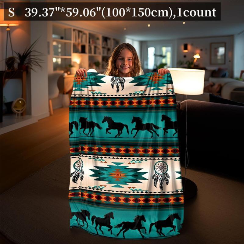 Horse & Geometric Pattern Flannel Blanket, 1 Count Soft Comfortable Throw Blanket, Warm Napping Blanket for Home Office Travel Camping