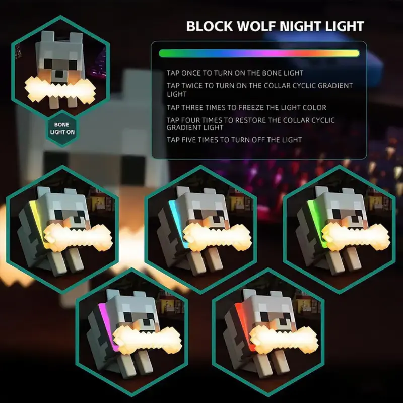 Wolf-Themed Pixel Aesthetic Indoor Gaming Lamp for Boys, Halloween Gift, 5-Color LED Fun Light, Touch Tap Control, Plug-Free Battery Powered, Animal Room Decor, Kids' Birthday Gift