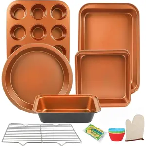Baking Pans Set - Stackable Bakeware with Cookie Sheet, Muffin, Cake Pan, Loaf Pan, Rack, Oven Mitt & Spatula for Home Baker non-stick bakeware set nonstick bakeware bread pan Cooking