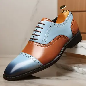 Men's Two-Tone Gradient Brogue Oxford Dress Shoes, Blue & Brown Formal Leather Shoes30820