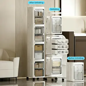 Narrow Gap Storage Cabinet Foldable Mobile Universal Wheels Magnetic Door Multilayer Dustproof Slim Organizer For Toilet Side Bathroom Kitchen