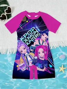 Girls Kpop Korean Style One-Piece Swimsuit, Starry Print Summer Short Sleeve Quick-Dry Swimwear, Children Beach Vacation Swimming Clothes