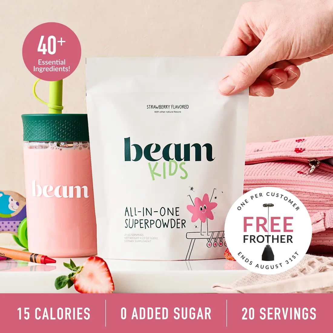 Beam Kids Superblend Vitamin Drink Powder - Sugar-Free Daily Vitamins, 20-Serving Pack, Pediatrician Formulated, 40+ Ingredients, Strawberry Milk Flavor, Growth Boost, Supports Growth and Strong Bones, Immunity, Gut Support | Back to school