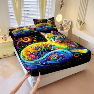 Fantasy-themed cat print fitted sheet set,Includes 1 Fitted Sheet & 2 Pillowcases without Filler,Romantic and mysterious,Comfortable and soft,Suitable for all seasons,Perfect for home bedrooms and hotels.