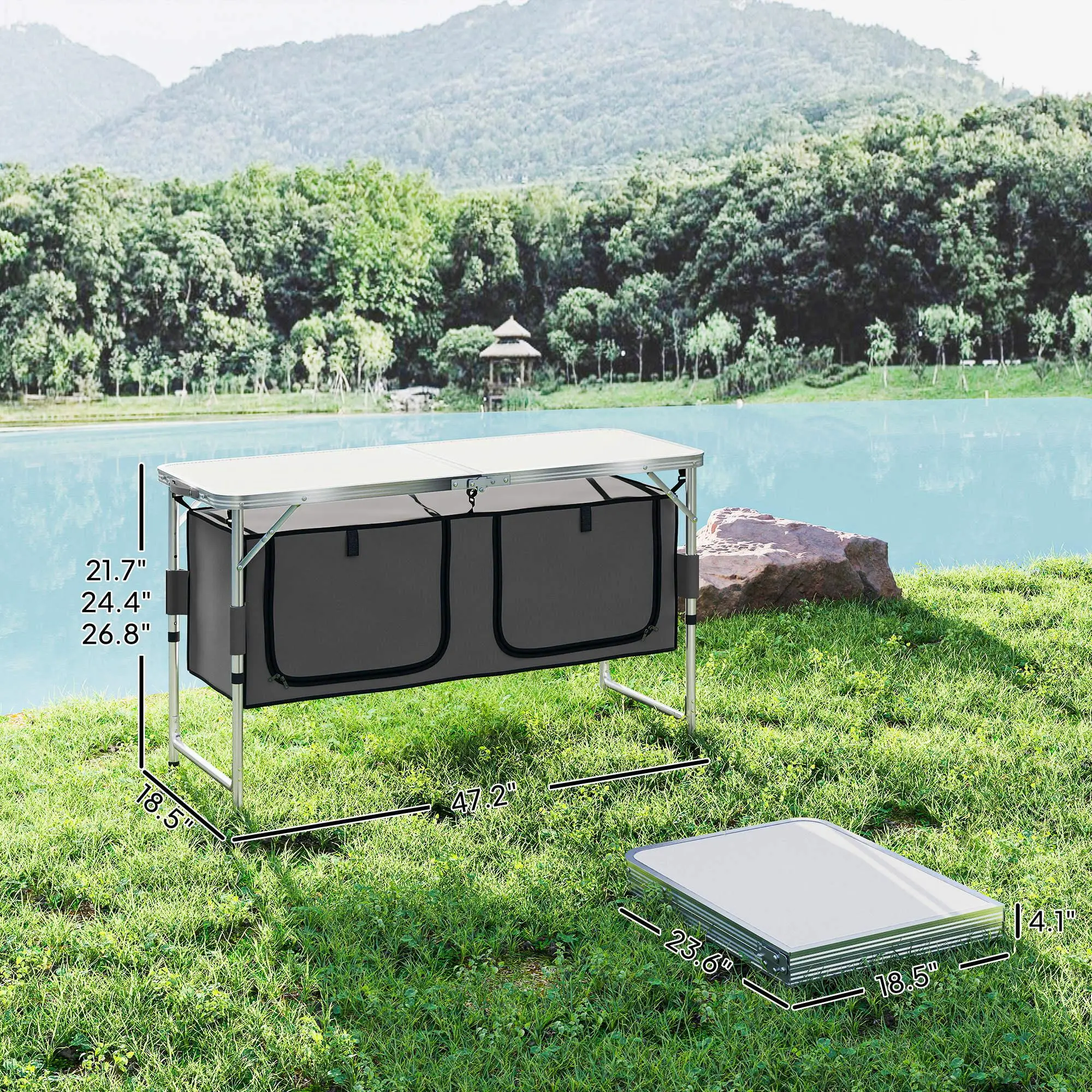 47" Portable Camping Table Aluminum Picnic Folding Table with Carrying Handle & Storage Organizer Adjustable Height 2-in-1 Design for Outdoor Use